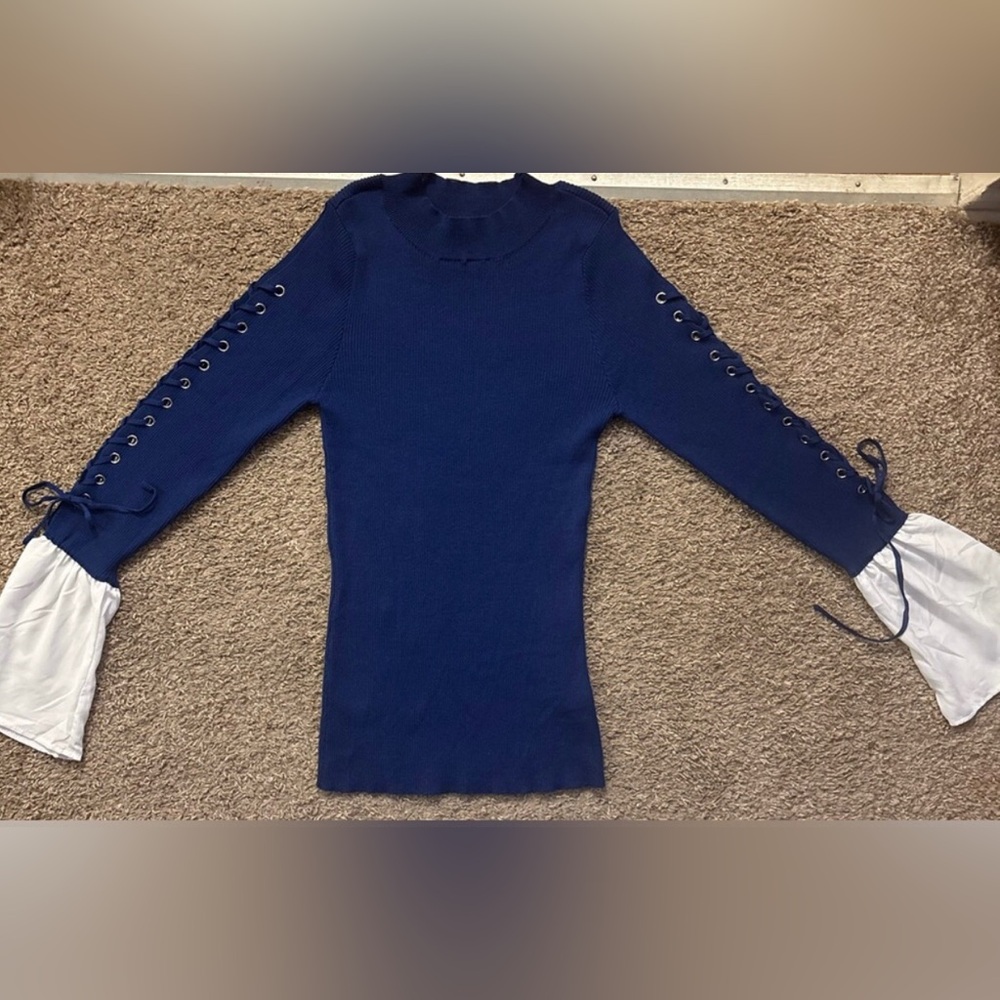 VENUS Royal Blue & White Bell Sleeve w-Lace-Up Sleeves Ribbed Top/Sweater